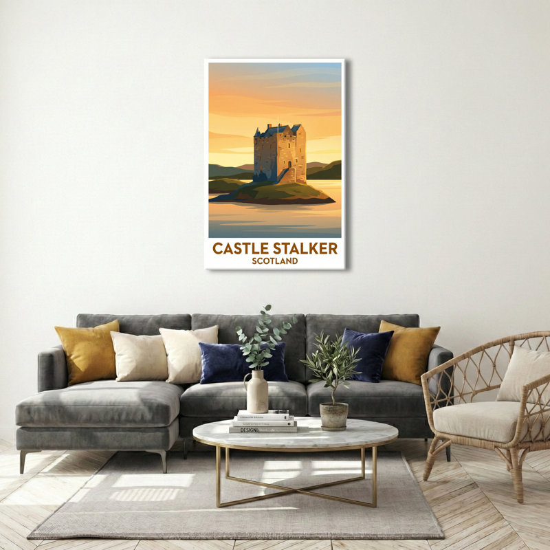 Castle Stalker, Scotland - Romantic Coastal Castle Travel Poster For Scottish Highlands Wall Art. Giclee Print On Wrapped Canvas. Wall Art, Home Decor - Castles & Palaces, Scotland - Wrapped Canvas Print
