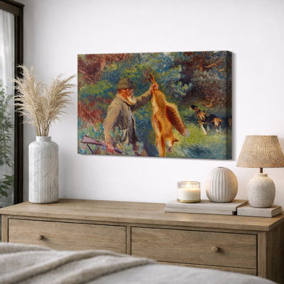 Hunter with Fox and Hunting Dogs in Forest Artwork, Bedroom Pictures, Framed Canvas Giclee Print Wall Art