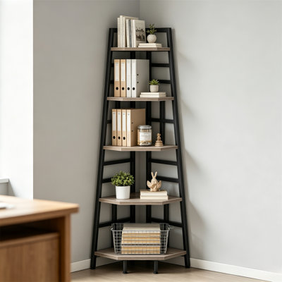 Étagère d'angle à cinq niveaux, bibliothèque étroite, idéale pour les petits espaces, présentoir de style industriel, parfait pour les salons, les chambres et les bureaux.