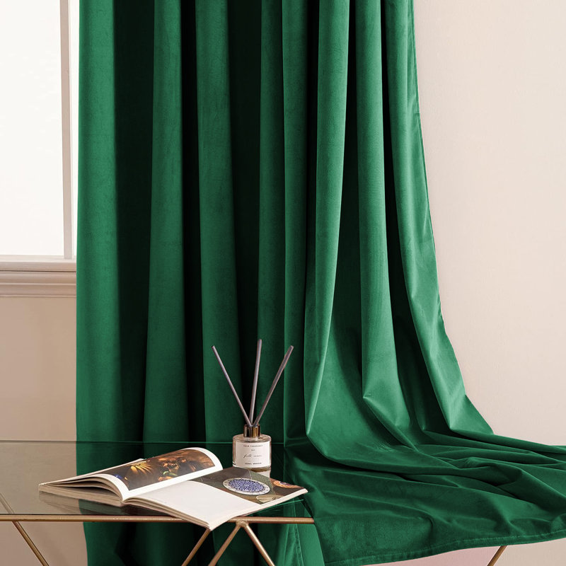 Thermal Velvet Curtains with Eyelet Ring Top - Blackout Crushed Velvet Drapes Pair, 168cm Width x 137cm Drop, Green Emerald