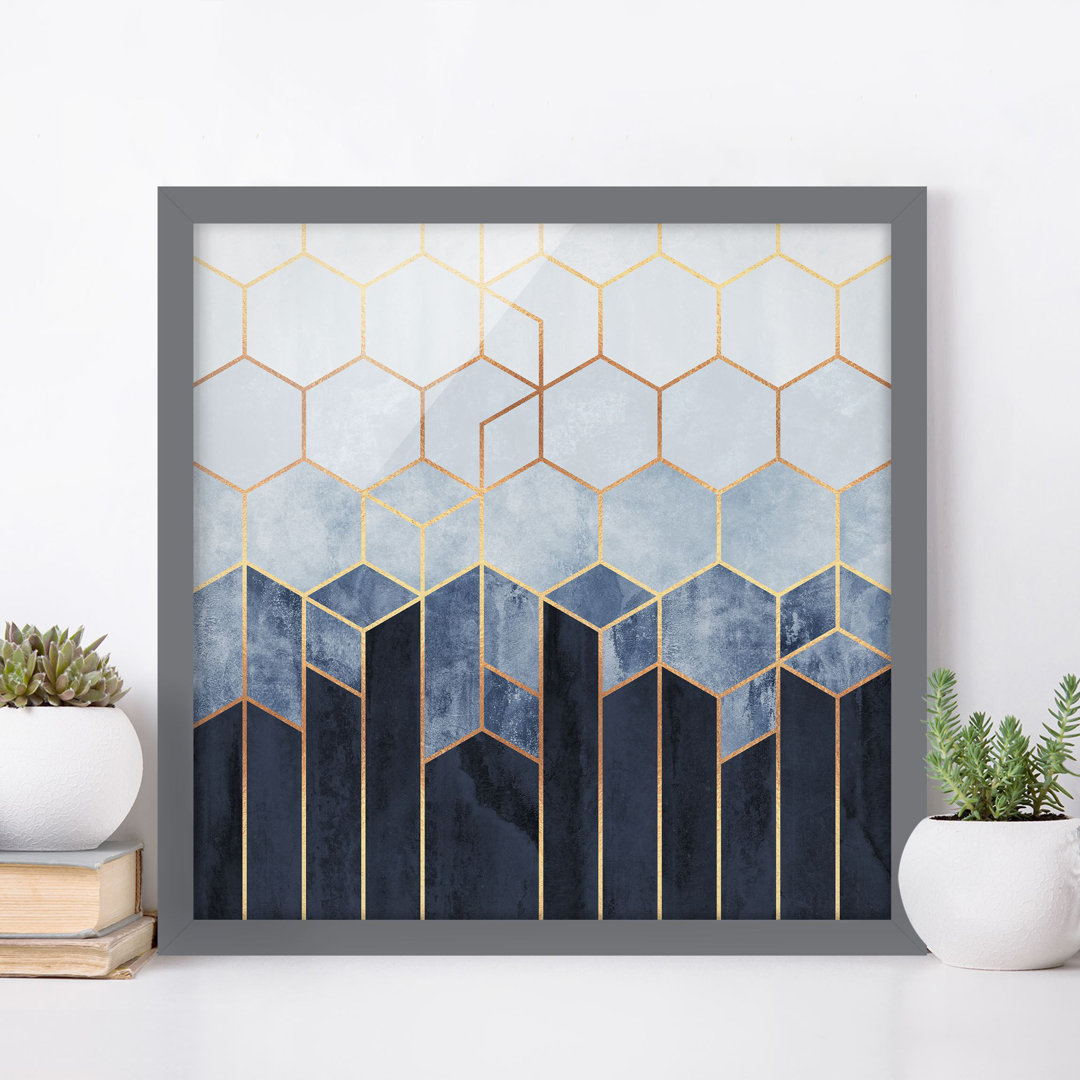 Gerahmtes Poster Golden Hexagons Blue White