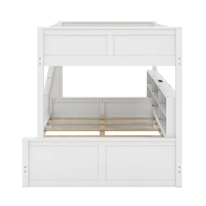 Lit double superposé au-dessus de grand lit double avec armoires de rangement et port USB, Blanc antique
