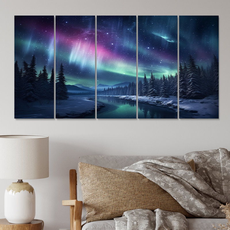 Northern Lights III - Aurora Borealis, reproduction sur toile - 5 panneaux égaux