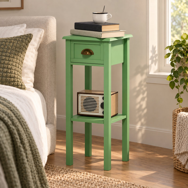 Petite table d'appoint à petits espaces avec tiroir et tablette inférieure, petite table d'appoint moderne, gris-vert