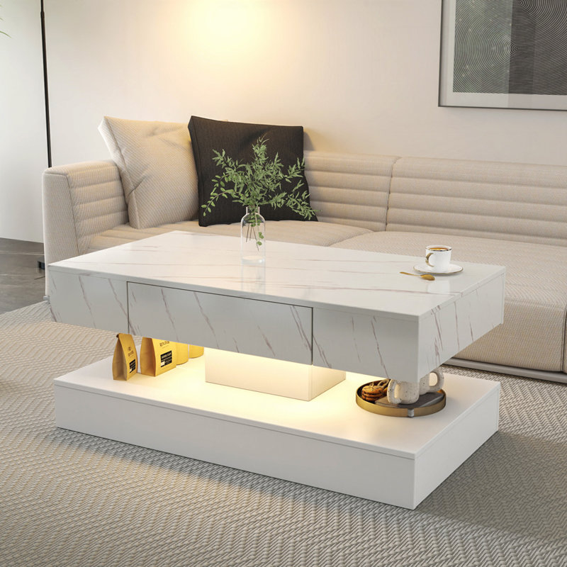 Table basse haute à DEL avec rangement, mobilier de salon moderne et polyvalent avec éclairage RVB, Blanc