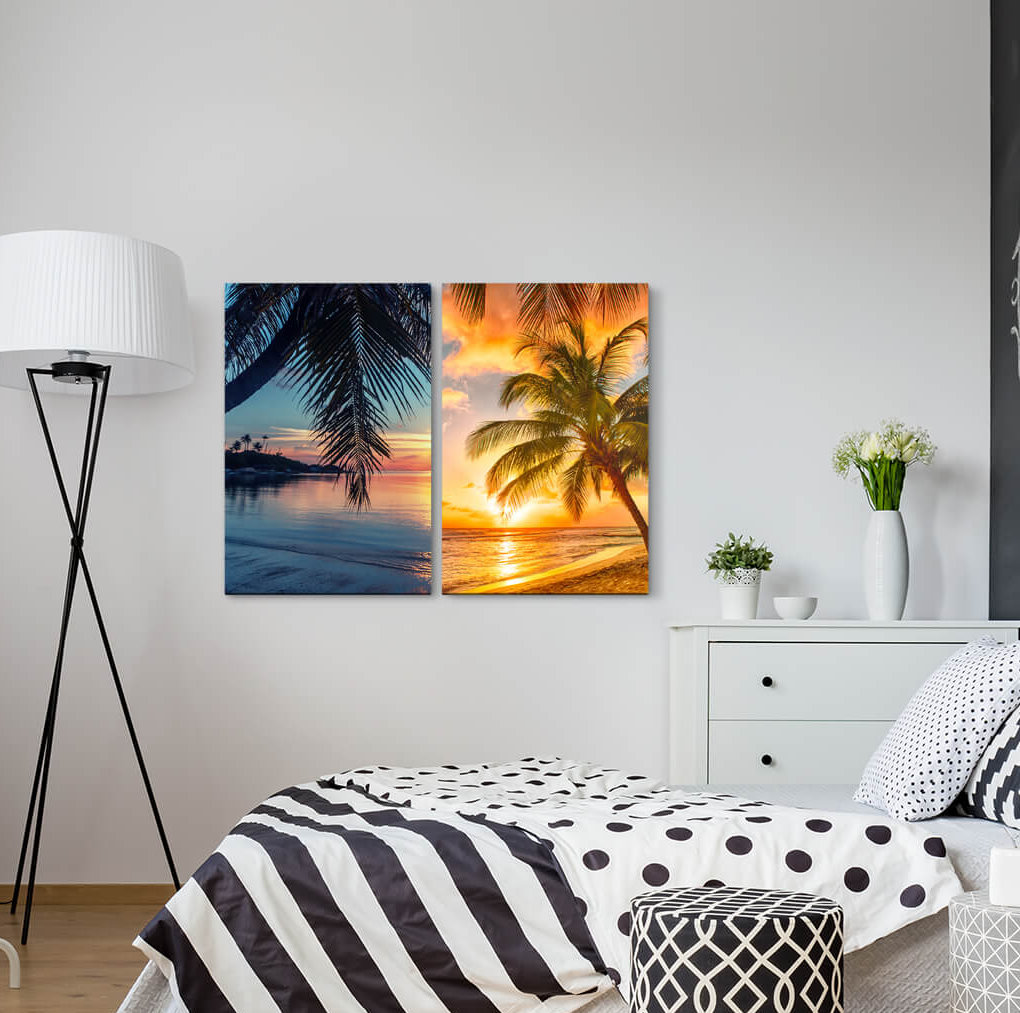 2-tlg. Leinwandbilder-Set - Fotografie „Palms Summer Dream Island Dream Beach Sunset Romantic Vacation”