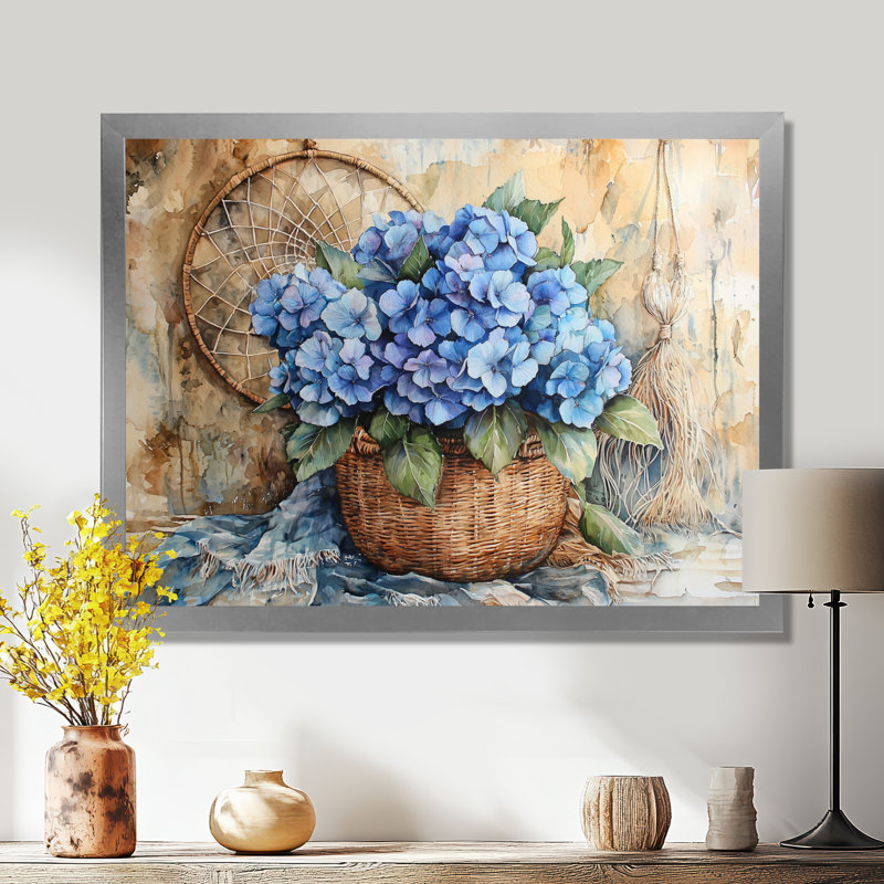 «Boho Blue Hydrangea Bliss II», art mural hortensia, Impression d'un seul cadre photo, Argent argent, H 34 po x l 44 po