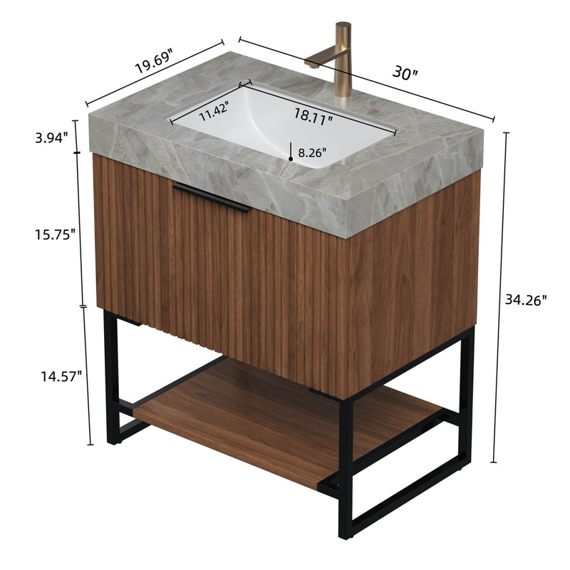 Meuble-lavabo de salle de bain YOLAN, 30", Gris marbre, Noyer foncé