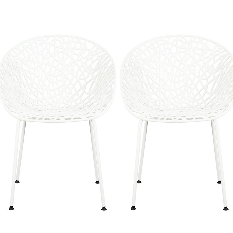 De 2 chaises de salle à manger d'extérieur blanches en fer et en plastique, résistant aux intempéries, style, aspect perforé, cadres stables 2, matériaux en plastique, caractéristique, structure en diamant