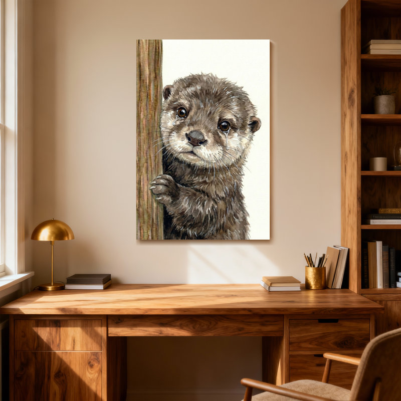 Loutre d'animaux furtivement derrière un poteau en bois, H 32 po x l 48 po