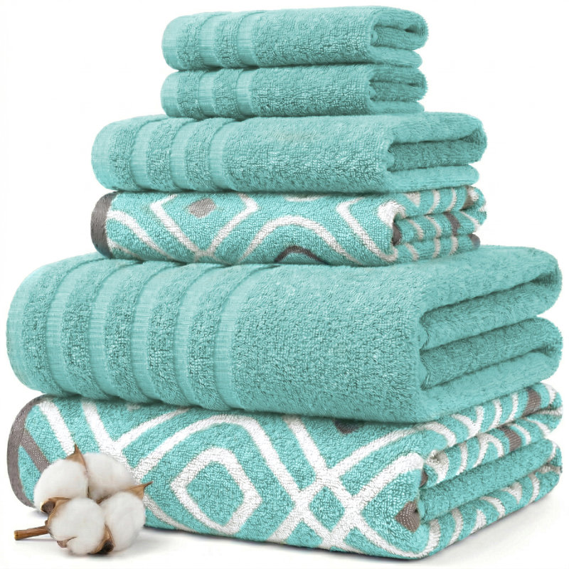 Modern Threads Oxford 6-Piece Yarn Dyed Jacquard & Solid Towel Set – 100% Cotton, Quick Dry & Absorbent Bath, Hand & Washcloths