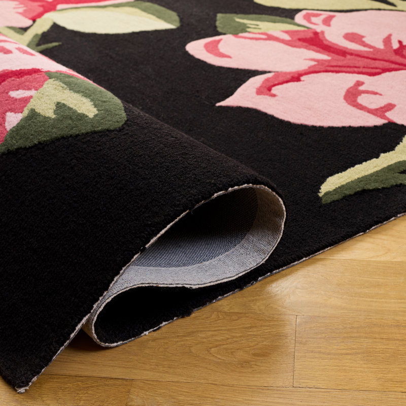 Kamath 403 Hand Tufted Wool/Cotton Floral Rug in Black/Pink, Rectangle 8' x 10'