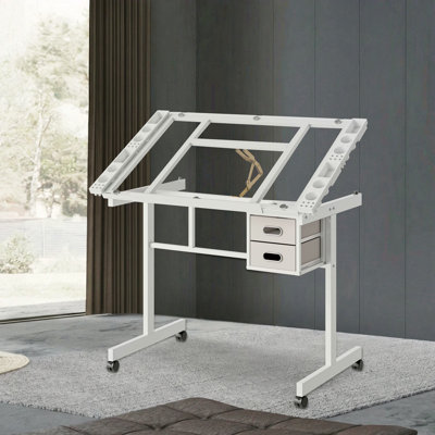 Bureau de dessin réglable réglable avec 2 tiroirs en tissu et 4 roulettes