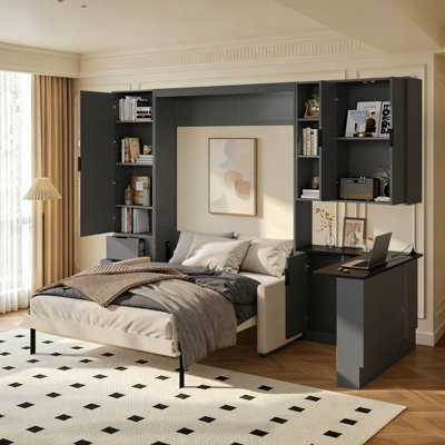 Lit escamotable QueenModern, cadre mural avec canapé et armoire de bureau latérale, station de charge intégrée et tablettes de rangement ouvertes multiples, armoire-lit escamotable caché gris