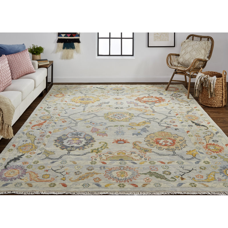 Karina Hand Knotted Wool Floral Area Rug in Orange/Yellow/Ivory, Rectangle 8'6" x 11'6"