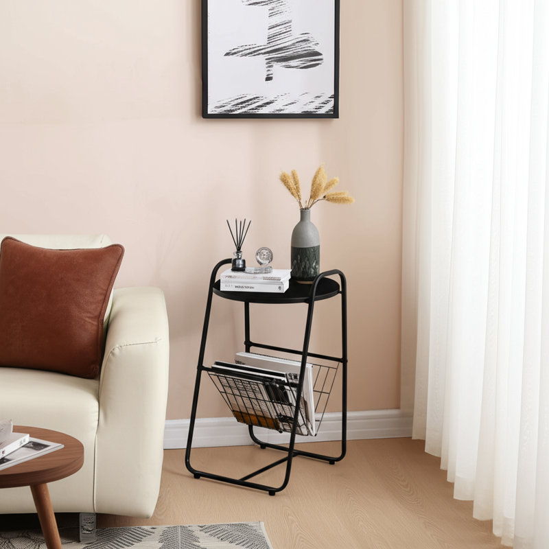 Coto Magazine Side Round Table, End Table with Magazine Holder for Living, Black, Black