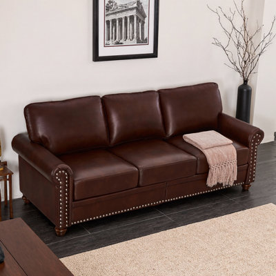Canapé classique en similicuir de 83 po avec rangement | Canapé à accoudoirs arrondis avec garniture cloutée argentée, revêtement en polyuréthane respirant et structure en bois massif pour le salon