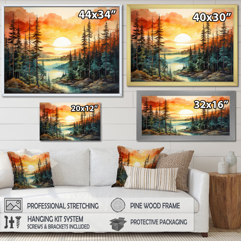 Pin, coucher de soleil brillant II - Pin, art mural, H 24 po x l 32 po x P 1 po, Cadre simple noir