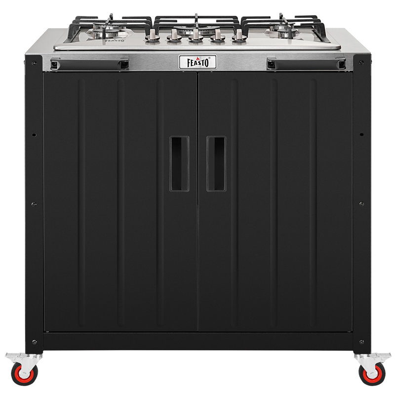 Station de cuisson d'extérieur au propane 35 po à 5 brûleurs avec plateau en acier inoxydable, armoire de rangement et roues verrouillables FEASTO