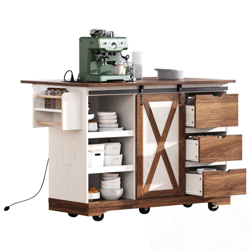 Kitchen Island With Drop Leaf, Barn Door, Power Outlet And Spice Rack, White