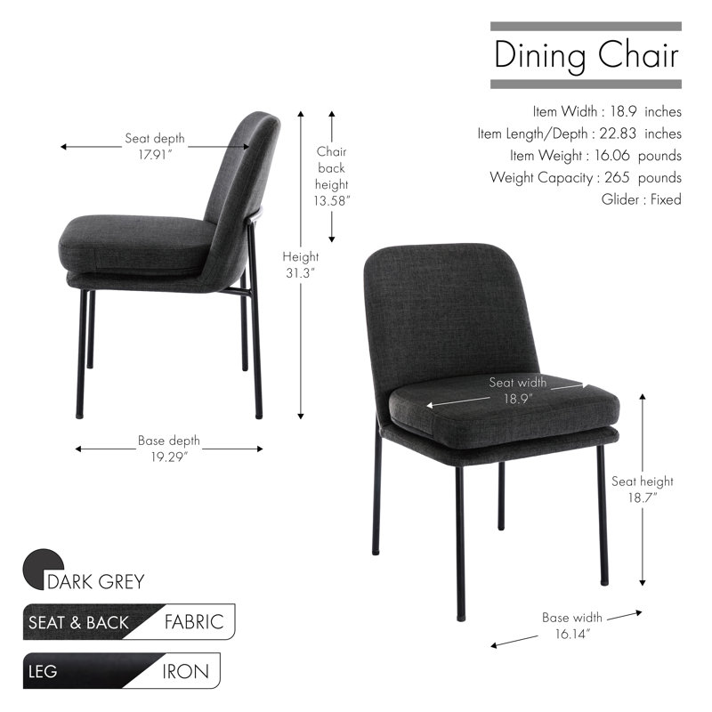 Chaise rembourrée en tissu avec pieds en fer Lydia, Gris foncé