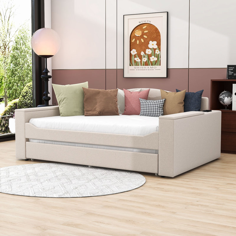 Vaelin Upholstered Daybed with Trundle, Full / Double, Beige