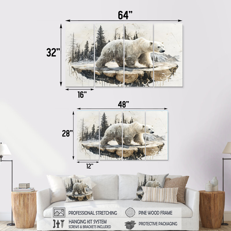 Hiver, ours polaire dans un paysage de forêt II - art mural - ensemble de décoration W, H 28 po x l 48 po