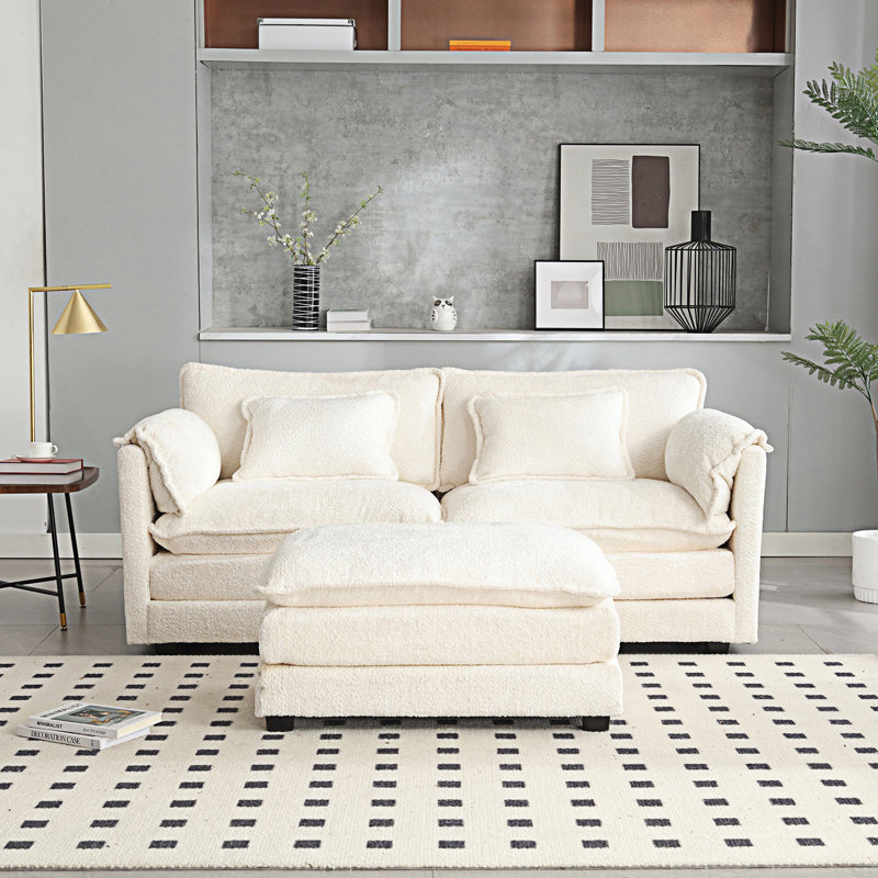 76.77" Chenille Loveseat With Ottoman, Beige Chenille