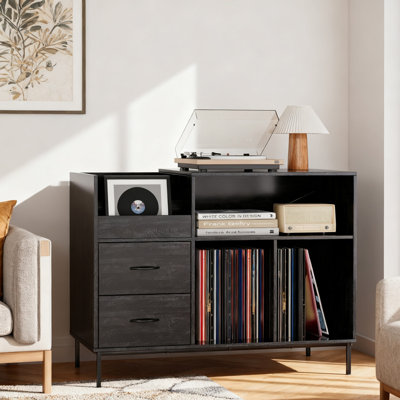 Media Console Record Player Stand With Power Outlet Flip Down Lid Storage For 300 Vinyls 2 Drawers