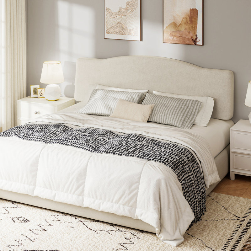 Tête de lit tapissier en lin à hauteur réglable, Beige, Très grand lit