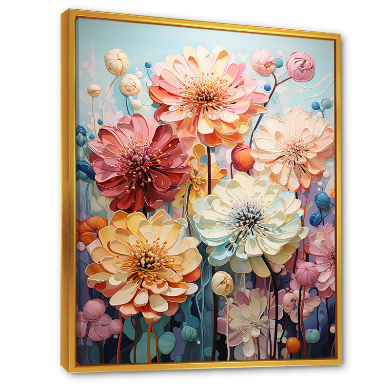 Zinnias Mute Tone Field sur impression sur toile, H 32 po x l 16 po x P 1 po, Cadre flottant doré