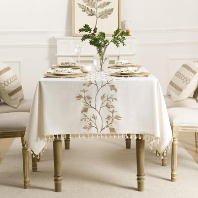 Boho Tablecloth Rectangle, Linen Cotton Tablecloth With Tassels, Heavy Duty Table Cloth With Maple Vine, Floral Farmhouse Table Cover Cloth Decorative For Kitchen Dining (55X79 Inch)