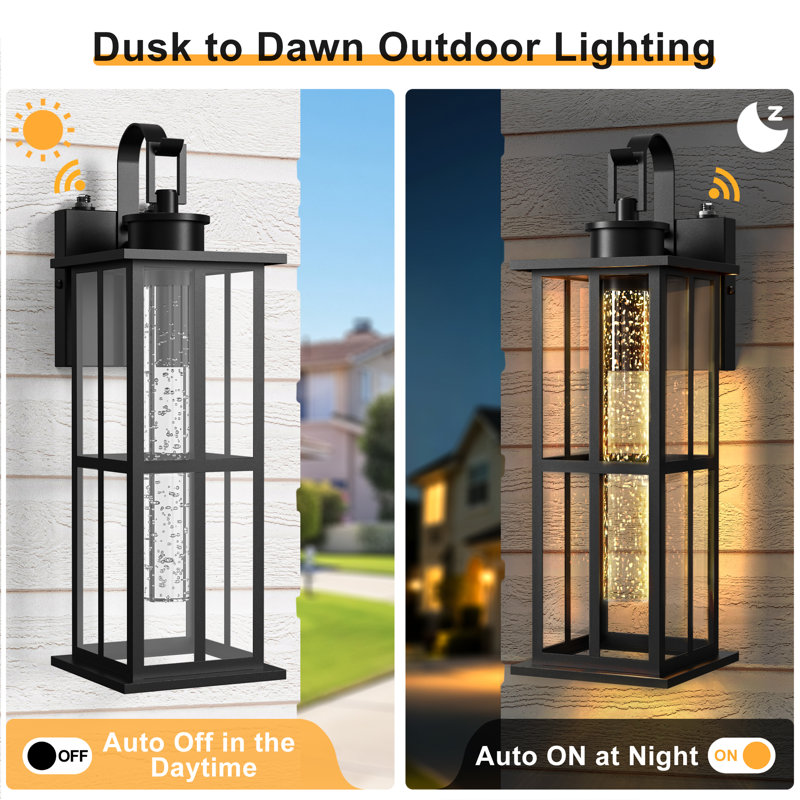 20''H Dimmable LED Black Iron Outdoor Wall Light with Dusk to Dawn and Seeded Glass