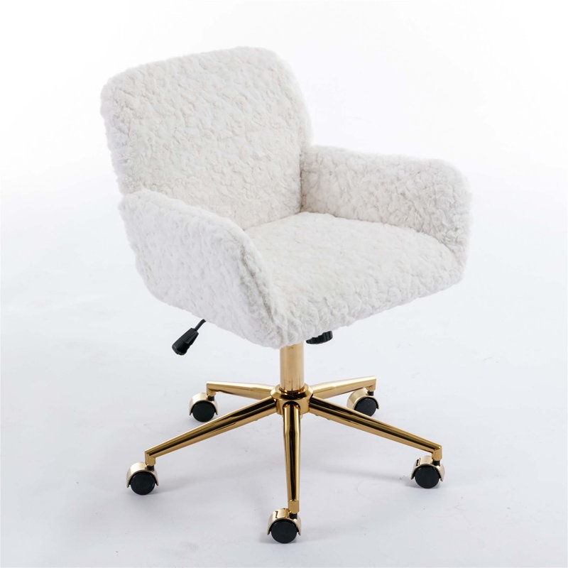 Furniture Office Chair,Artificial rabbit hair Home Office Chair with Golden Metal Base,Adjustable Desk Chair, White