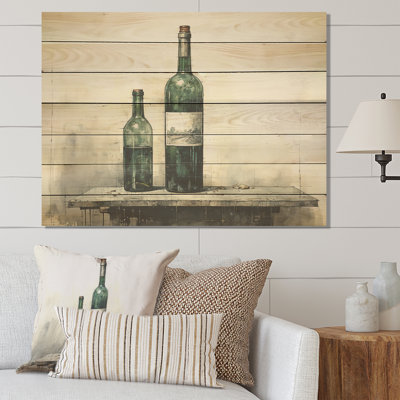 «Green Minimalist Wine Bottles Silhouette II» - impression de vin sur bois
