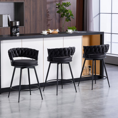 Counter Height Bar Stools Set of 2 - 360° Swivel with Suede Fabric & Modern Woven Design, Backrest & Footrest for Kitchen Cafe Pub
