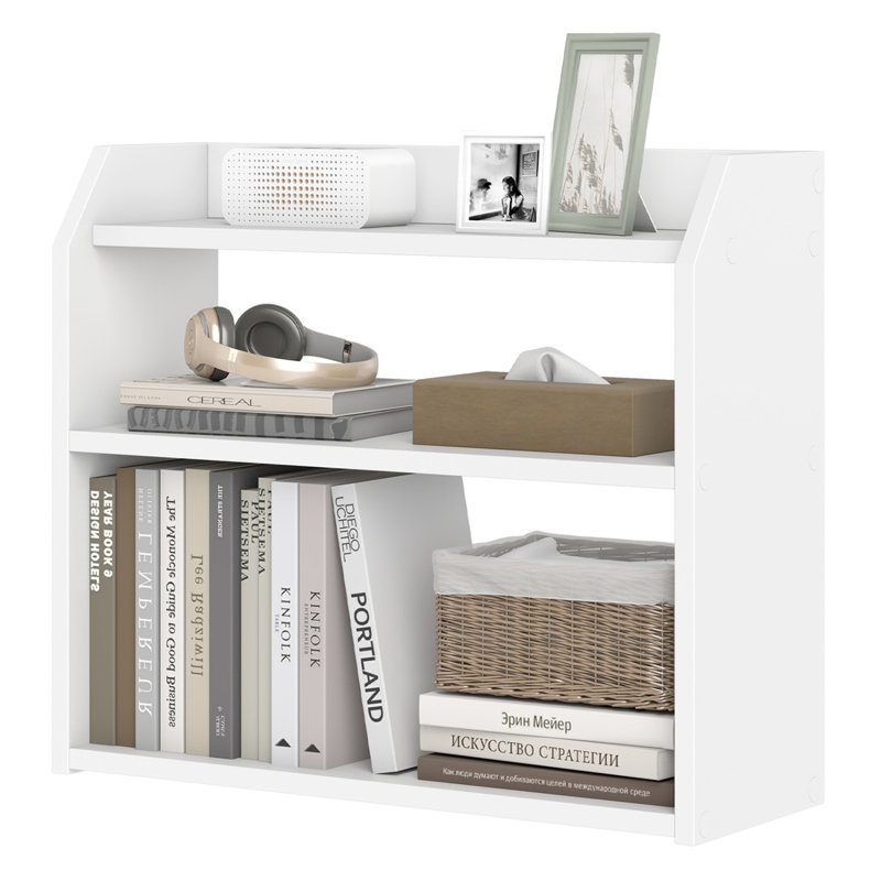 Étagère de bureau en bois à 3 niveaux avec rebords surélevés, rangement compact pour comptoir, bureau, cuisine et espace de travail, blanche