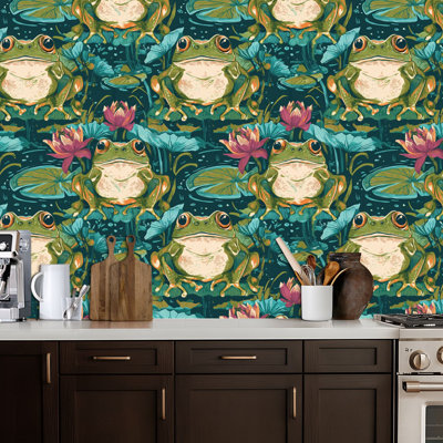 Peel and Stick Wallpaper Frogs Sitting Lily Pads Surrounded by Water Lilies Leaves Contact Paper Removable Self Adhesive Wall Mural Wall Decor for Bedroom Kitchen Cabinets 24in x 118in