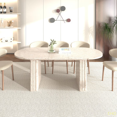 Kitchen Extendable Dining Table For 4-8 People, Oval Kitchen Table With Wooden Strip Base For Family Living Room (Travertine Inspired )