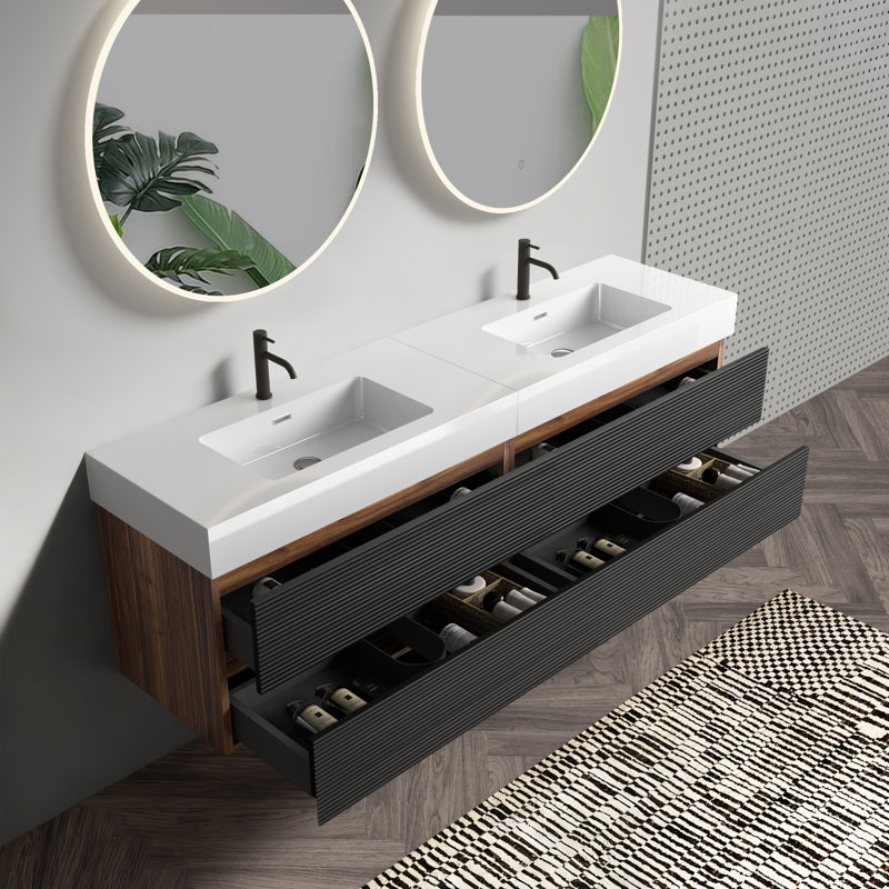 Yulani 72" Wall-Mounted Bathroom Vanity with Engineered Quartz Sinks & Drawers, White