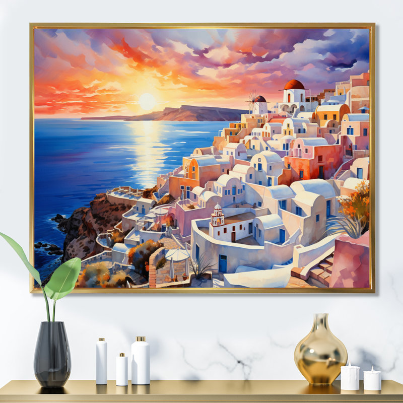 Grèce Oia Splendor I - Grèce, art mural, Cadre flottant doré, H 12 po x l 20 po x P 1 po