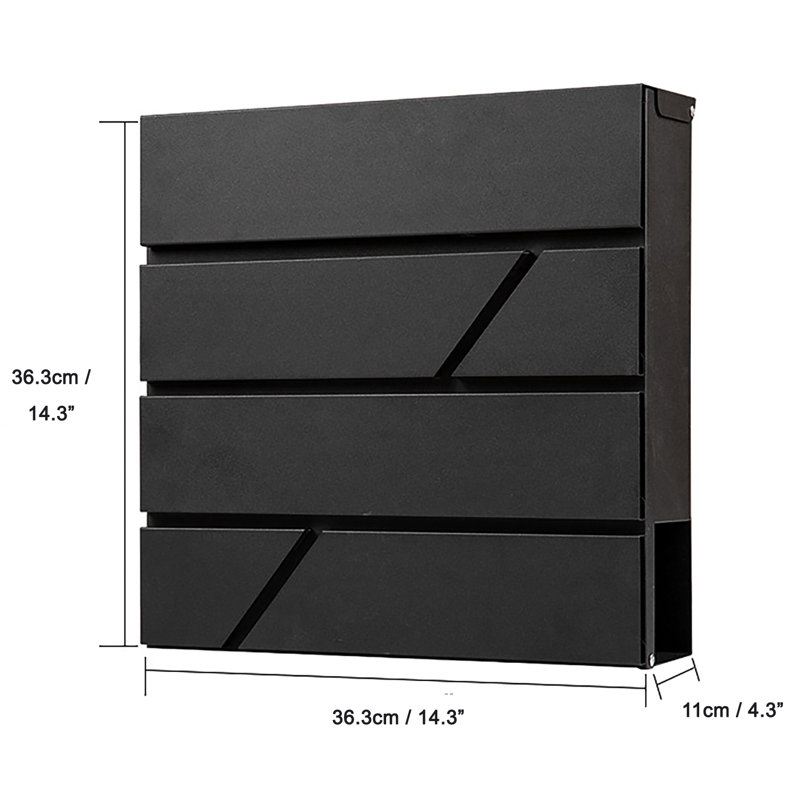 Modern Black Steel Wall Mounted Lockable Mailbox with Newspaper Holder