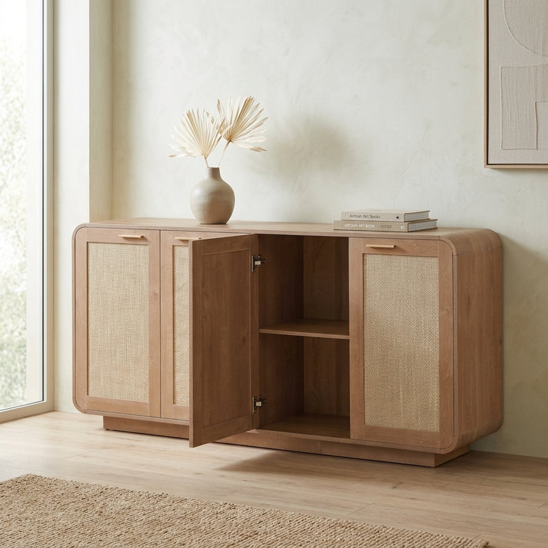Buffet 64,6 po, console de rangement à 4 portes avec base intégrée et coins arrondis, caramel