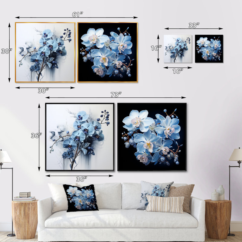 Minimalisme orchidée en fleurs dans délicat abstraction - ensemble de 2 orchidées carrées, Cadre flottant noir