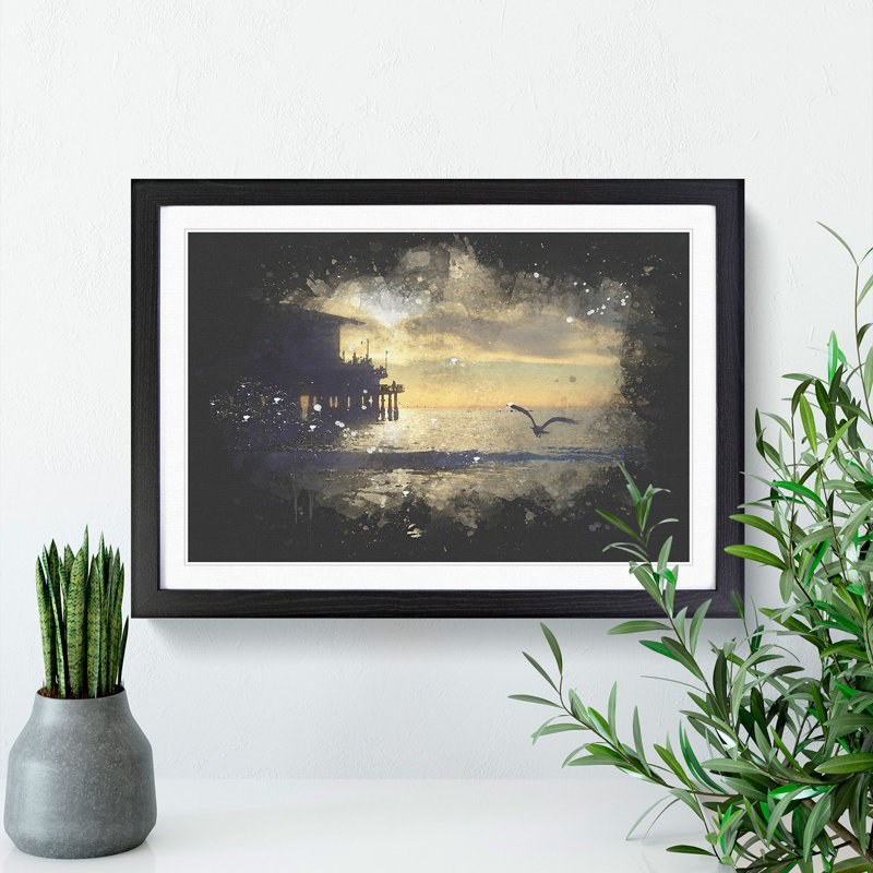 Seagull by The Pier Paint Splash - Picture Frame Graphic Art, 27cm H x 36cm W x 2cm D, Black