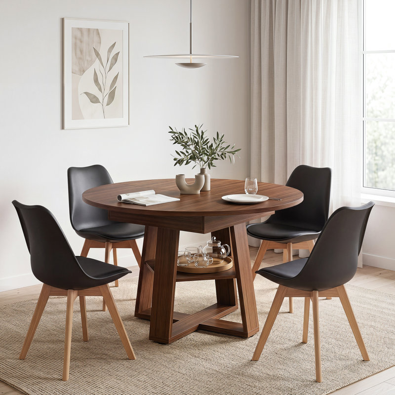 Rohun Round Extendable Modern Kitchen Dining Table Set With 32.8"H Dining Chair, Brown, Black