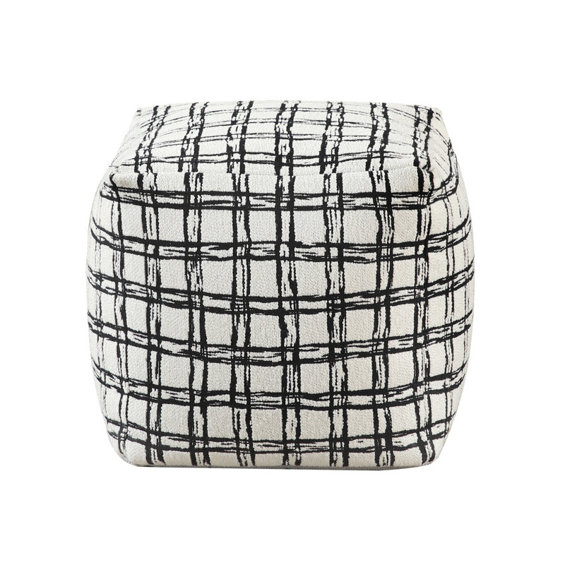 Square Pouf Pattered Black White Fabric Upholstered Ottoman, Non-Slip Floor Pouf, Bean Bag Chair, Fabric - Black White Plaid