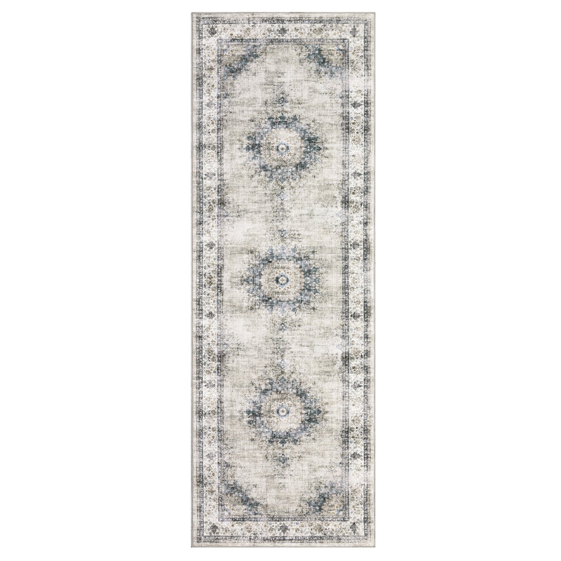 Vintage Area Rug Washable Medallion Accent Carpet with Non-Slip Backing, Foldable Distressed Low Pile Indoor Mat, Stain-Resistant Floor Cover for Living Room, Bedroom, Kitchen