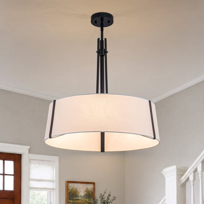 Luminaire suspendu conique en lin naturel à 3 lumières avec tiges réglables en noir mat