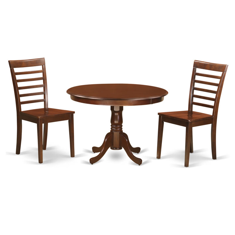 3 Piece Dinette Set for Small Spaces Contains a Round Dining Table with Pedestal and 2 Dining Chairs, Mahogany, Wooden